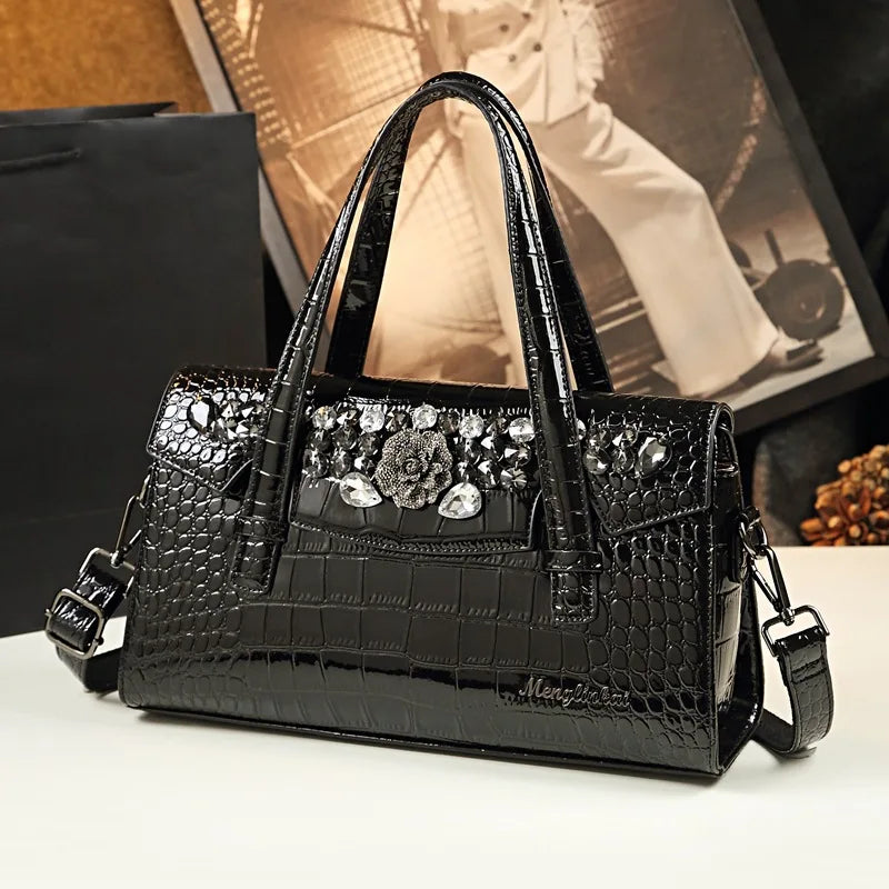 Spring new patent leather rhinestone flower underarm handbag