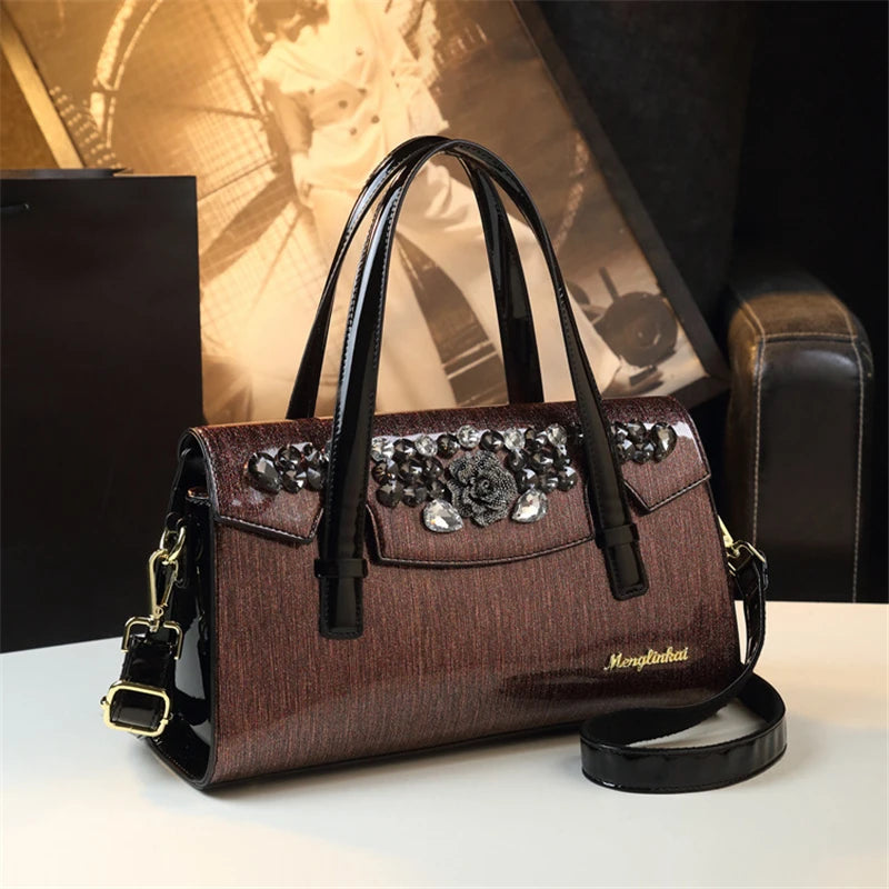 Spring new patent leather rhinestone flower underarm handbag