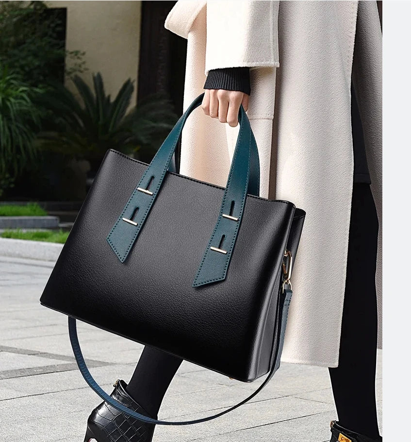 black business hot selling color blocked cowhide Handbag