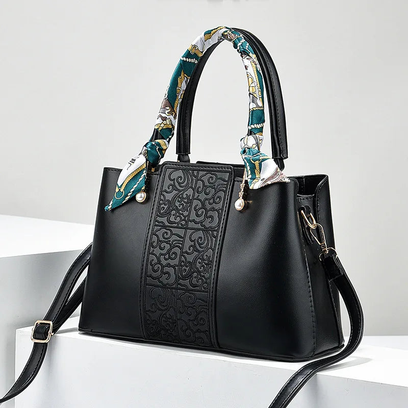 Chic Embossed Leather Handbag with Decorative Scarf Handle ()