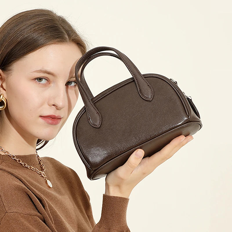 Toptrends Cow Genuine Leather Bowling Small Tote Handbags For Women