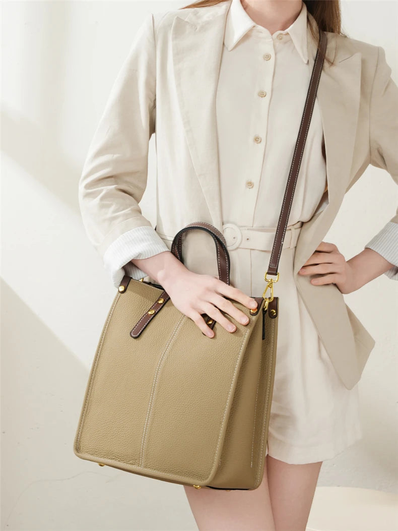 Burminsa Cowhide Genuine Leather Vertical Tote Handbags