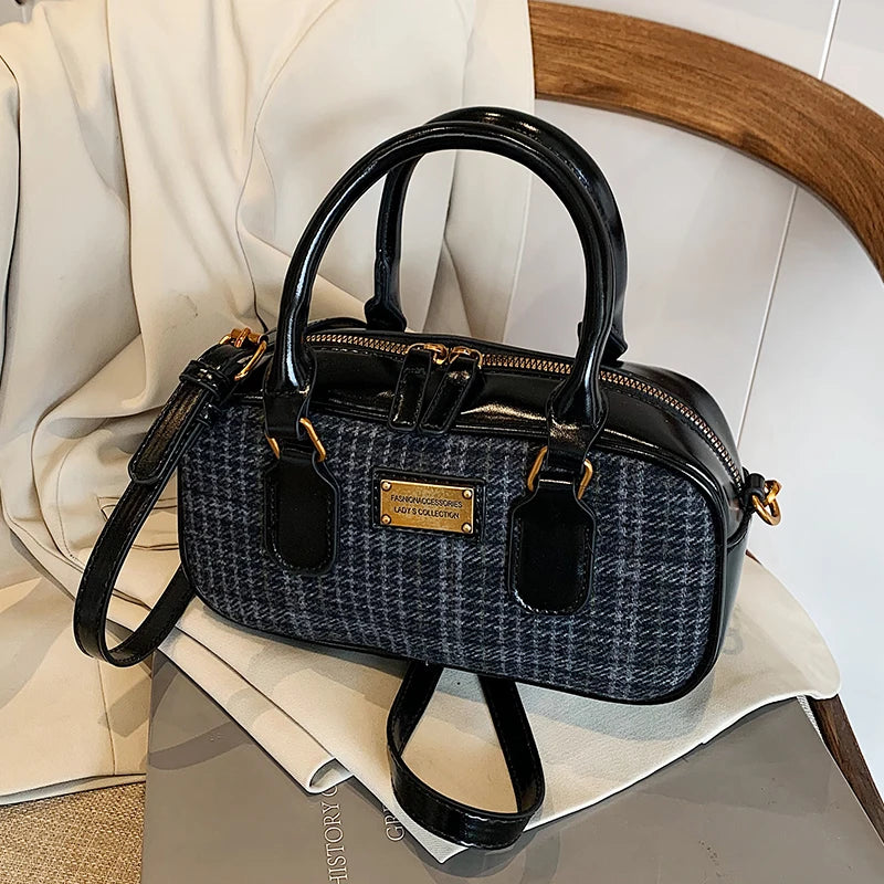 Retro Woolen PU Splicing Crossbody Bag