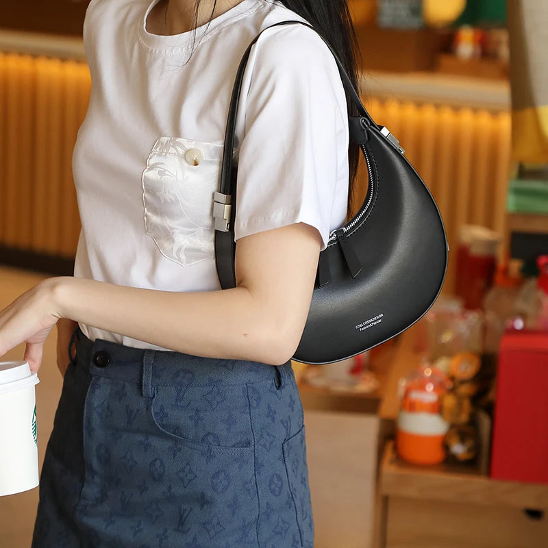 Genuine Leather Half Moon Shoulder Bag