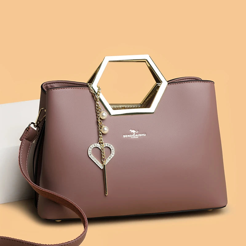 Fashion Hardware Handle Leather Handbag