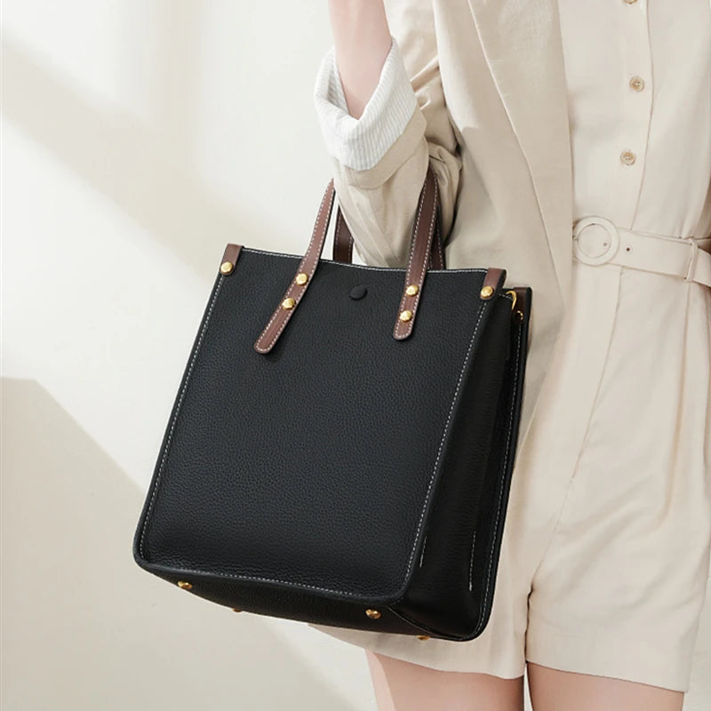 Burminsa Cowhide Genuine Leather Vertical Tote Handbags