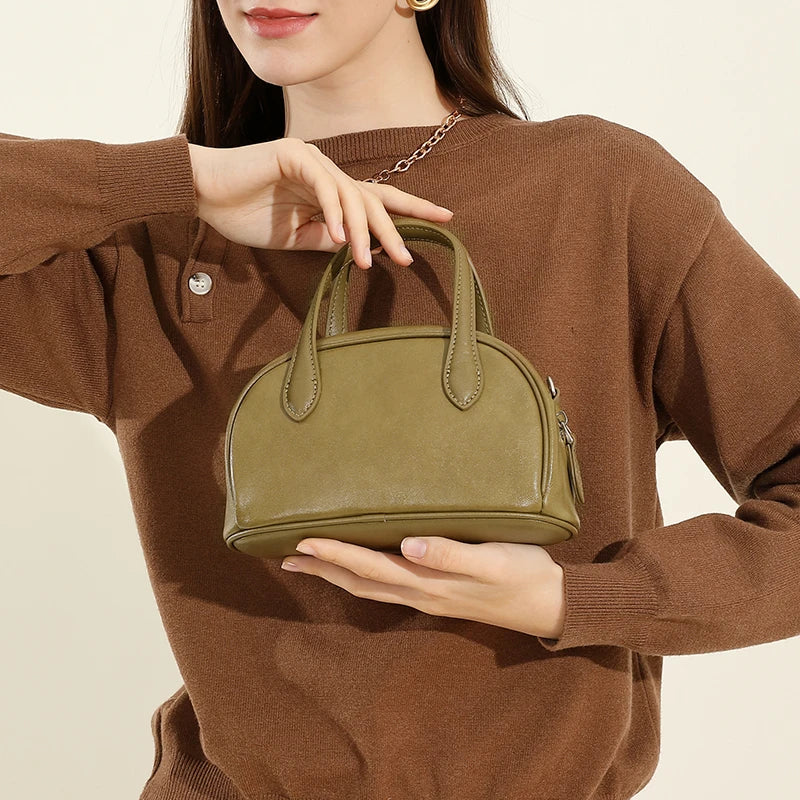 Toptrends Cow Genuine Leather Bowling Small Tote Handbags For Women
