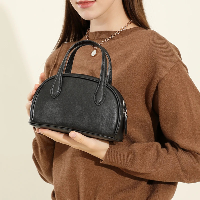 Toptrends Cow Genuine Leather Bowling Small Tote Handbags For Women