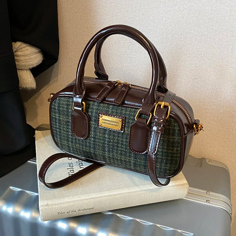 Retro Woolen PU Splicing Crossbody Bag