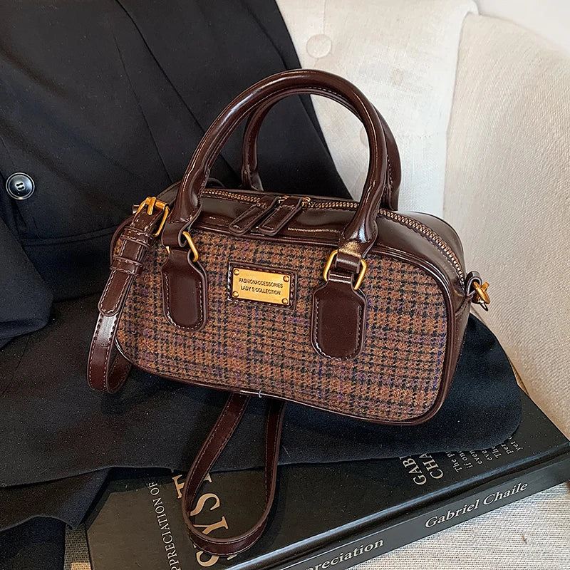 Retro Woolen PU Splicing Crossbody Bag