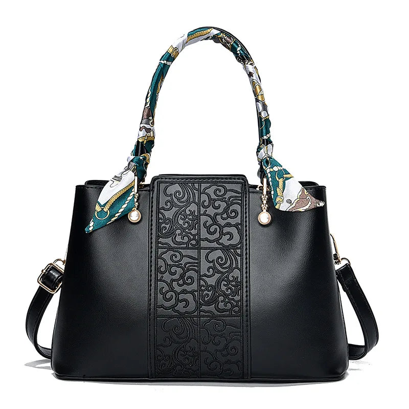 Chic Embossed Leather Handbag with Decorative Scarf Handle ()